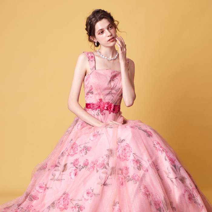 ステージにぴったりなフラワーオーガンジーピンクドレス
