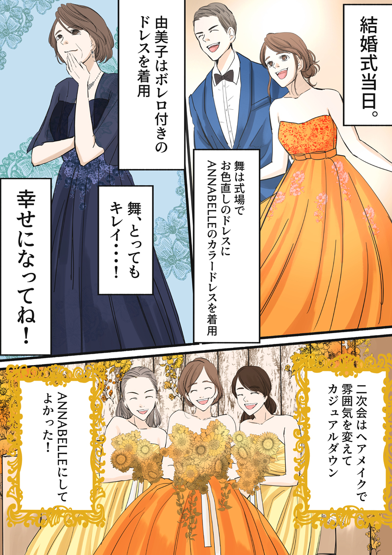 無事に結婚式で２人ともアナベルのドレスを着用する