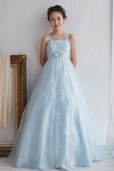 ベビーブルーロマンチックレース刺繍ジュニアドレス