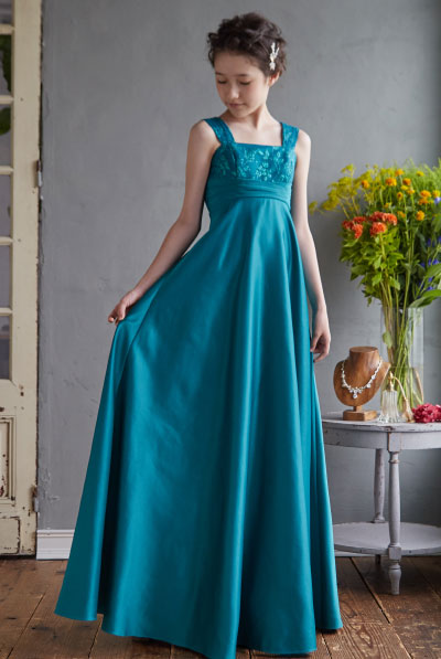 キラキラグリッターエメラルドサテンジュニアドレス