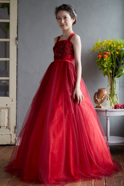 フラワー刺繍レッドグリッターデザインチュールジュニアドレス