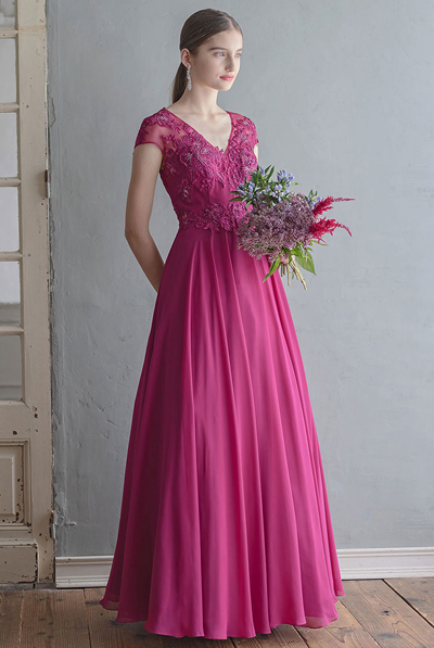 刺繍ビジューシフォンエレガントロングドレス