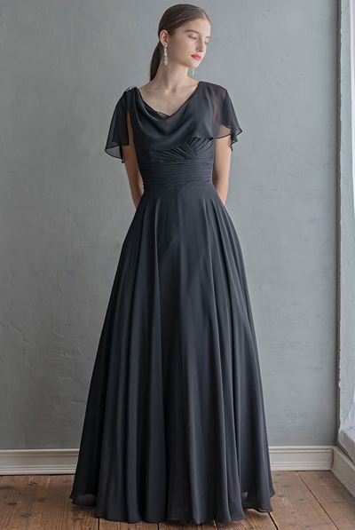 クリアストーン付き肩カバーリングシンプルシフォンドレス