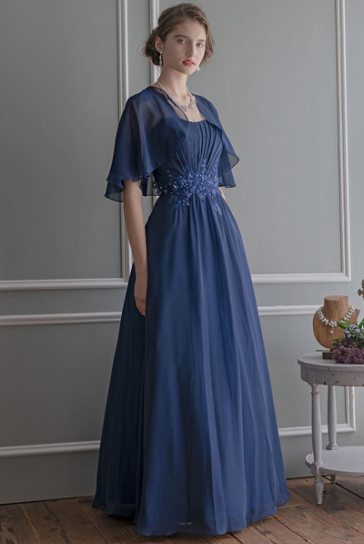 ボレロ付きウェスト刺繍シフォンロングドレス