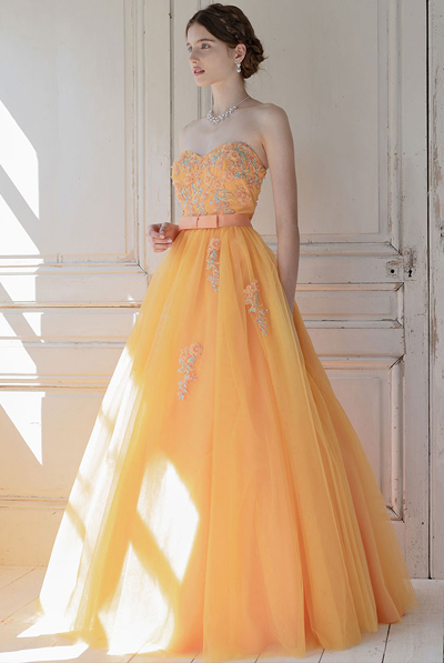 立体フラワーモチーフ付きウエストリボンボリュームチュールドレス