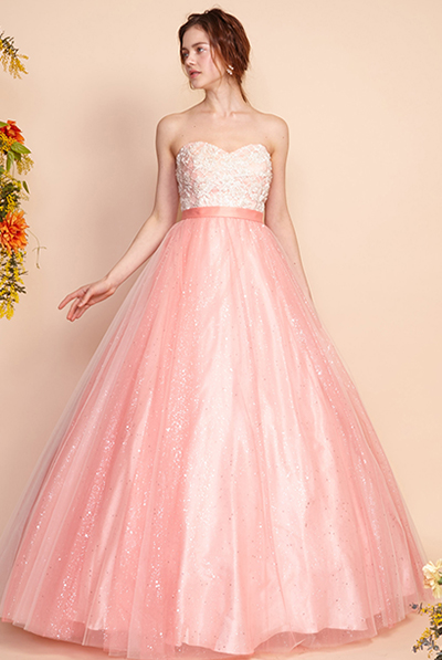 ビジュー刺繍レースグリッターピンクドレス