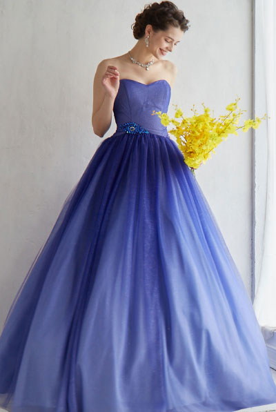 立体フラワーモチーフ付きウエストリボンボリュームチュールドレス