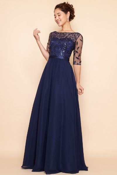 チュール5分袖シフォンスカートネイビーロングドレス